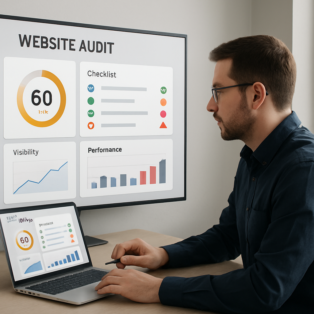 Fullwidth landing page header image for a website audit offerRealistic professional scene showing a web marketing expert analyzing a website audit on