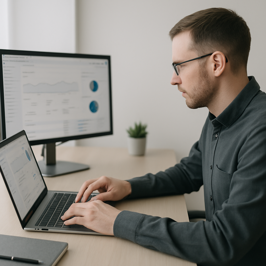 Fullwidth landing page image for a website audit and digital strategy sectionRealistic calm and professional scene showing a web or digital marketing